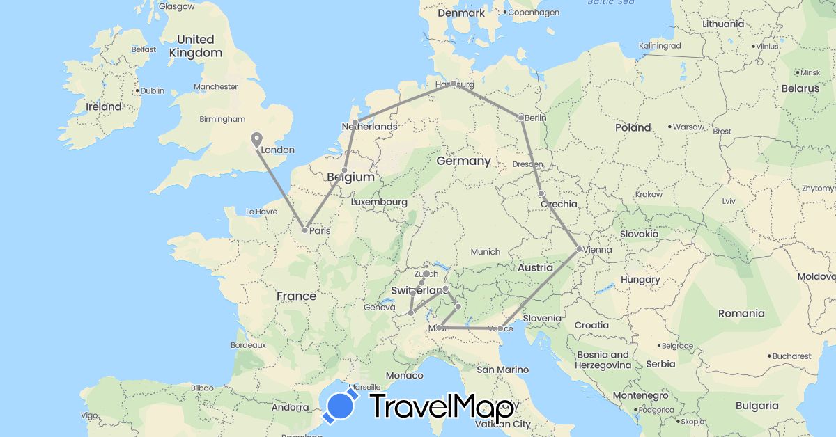 TravelMap itinerary: plane in Austria, Belgium, Switzerland, Czech Republic, Germany, France, United Kingdom, Italy, Netherlands (Europe)